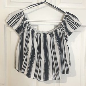 Black and white striped crop top off the shoulder